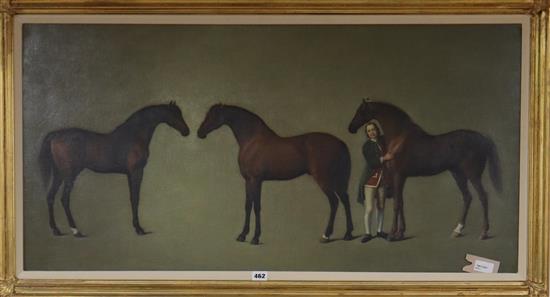 After George Stubbs (1724-1806), Whistlejacket and Two Other Stallions with Simon Cobb The Groom, reproduction on canvas, 49 x 100cm